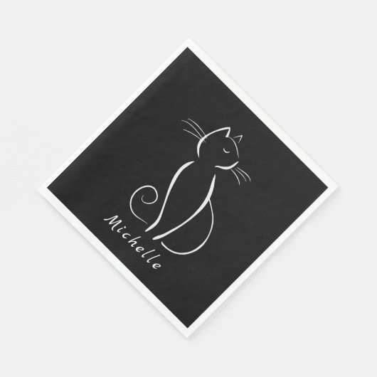 Minimalistische weiße Katze auf schwarzem Namen Serviette (Ecke)