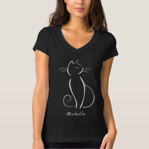 Minimalistische weiße Katze auf schwarzem Namen T-Shirt