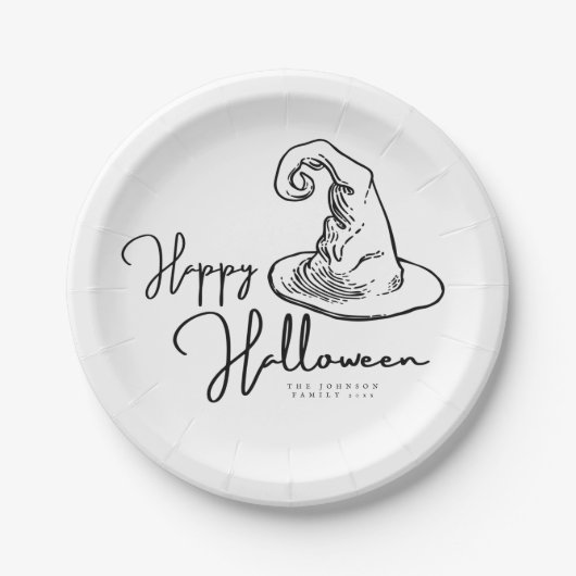 Minimalistische, weiße und schwarze Hexen, Hallowe Pappteller (Vorderseite)
