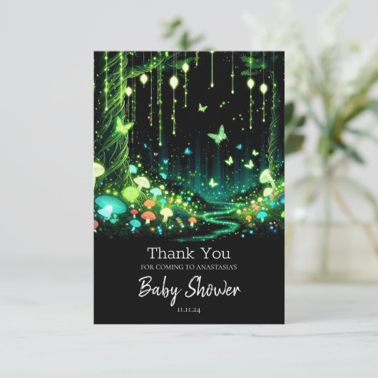 Minimalistische Whimsical Enchanted Forest Baby Du Dankeskarte (Stehend Vorderseite)