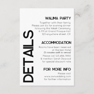 Minimalistische White Black Typografy Wedding Deta Begleitkarte