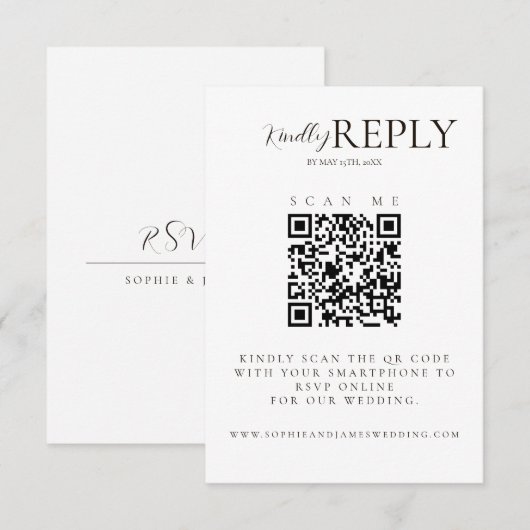 Minimalistische White + Black Wedding QR Code RSVP Karte (Vorne/Hinten)