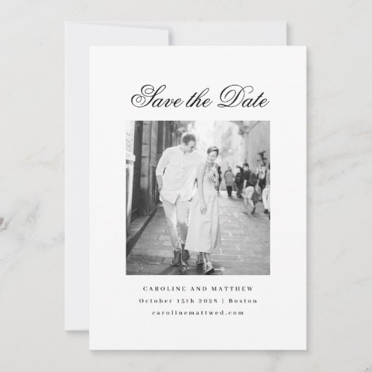 Minimalistische White Elegant Script Foto Hochzeit Save The Date (Vorderseite)