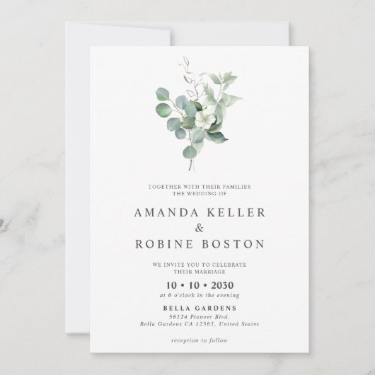 Minimalistische White Floral & Eukalyptus Wedding Einladung (Vorderseite)