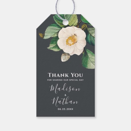 Minimalistische White Japanese Camellia Wedding Geschenkanhänger (Vorderseite)