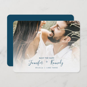 Minimalistische White Overlay Navy Blue Text & Fot Save The Date