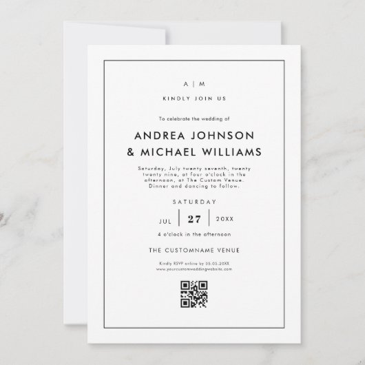 Minimalistische White QR Code Hochzeit Einladung (Vorderseite)