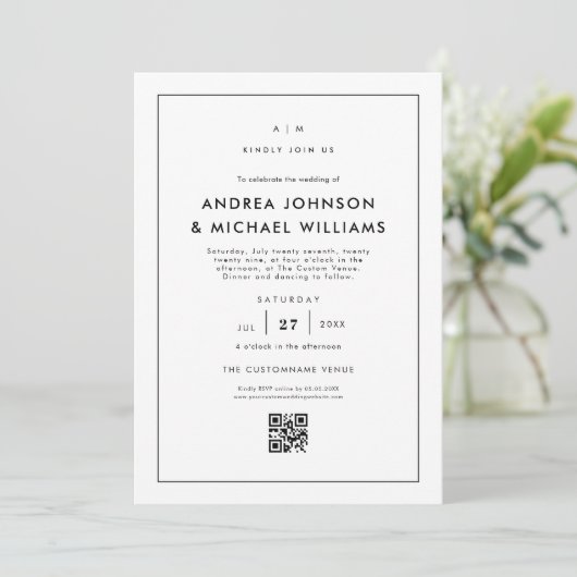 Minimalistische White QR Code Hochzeit Einladung (Stehend Vorderseite)