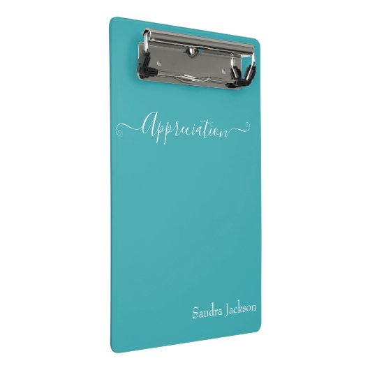 Minimalistische White Script-Bewertung Aquamarin B Mini Klemmbrett (Schrägansicht)