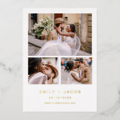 Minimalistische White Wedding Elegante Vier-Foto G Folieneinladung (Vorderseite)