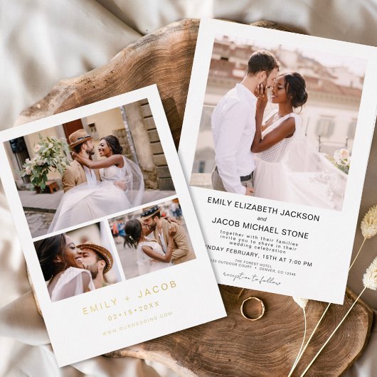 Minimalistische White Wedding Elegante Vier-Foto G Folieneinladung
