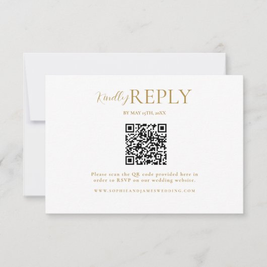 Minimalistische WhiteGold QR Code-Kalligrafie RSVP Karte (Vorderseite)