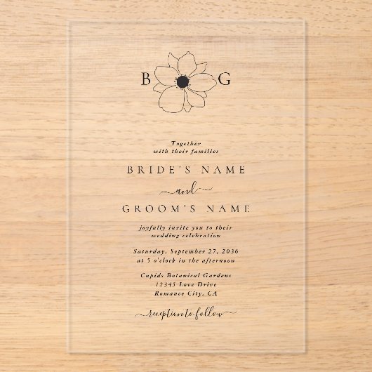 Minimalistische Wildblume handGezeichnet Monogramm Acryleinladungen (Vorderseite)