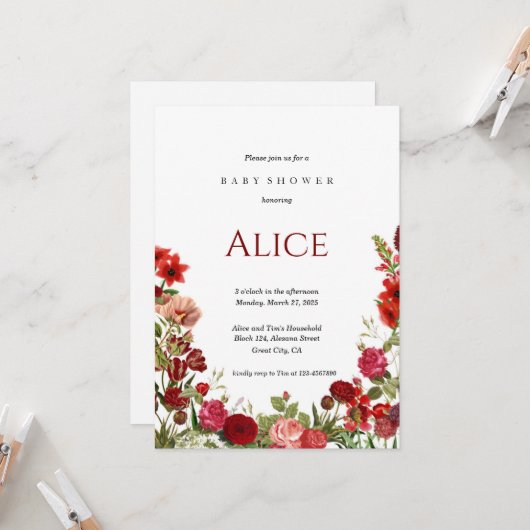 Minimalistische Wildblume Kinderdusche Einladung R (Vorderseite/Rückseite Beispiel)