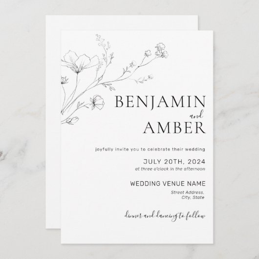 Minimalistische Wildblume Lineart Zeichnend Boho W Einladung (Vorne/Hinten)