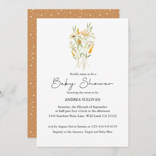 Minimalistische Wildblume Orange Babydusche Einladung (Vorne/Hinten)