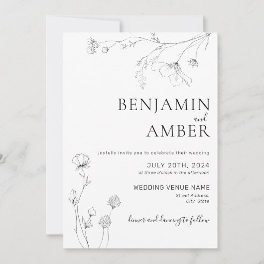 Minimalistische Wildblumen Art Boho Hochzeit Einladung (Vorderseite)