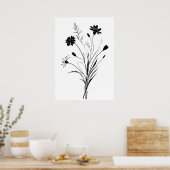 Minimalistische Wildblumen Schwarzweiß-Blume Poster (Küche)