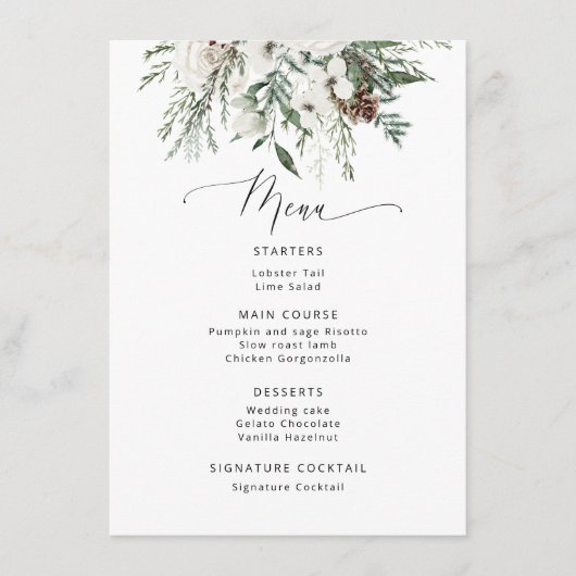 Minimalistische Winterhochzeit Menükarte (Vorderseite)