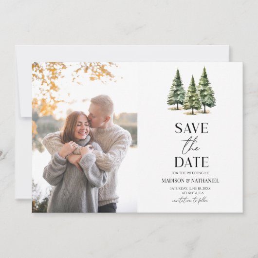 Minimalistische Winterschnee Pine Trees Foto Hochz Save The Date (Vorderseite)
