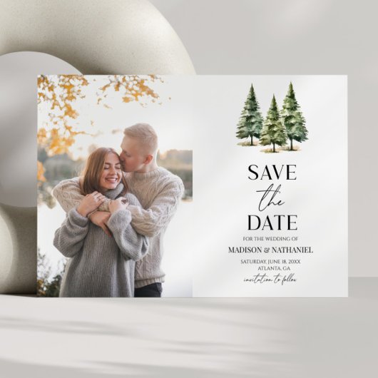 Minimalistische Winterschnee Pine Trees Foto Hochz Save The Date