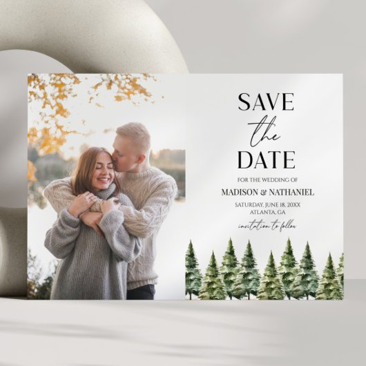 Minimalistische Winterschnee Pine Trees Foto Hochz Save The Date