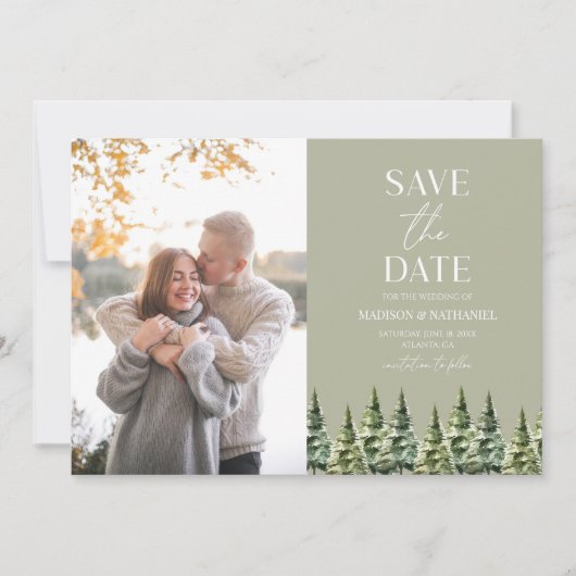 Minimalistische Winterschnee Pine Trees Foto Hochz Save The Date (Vorderseite)