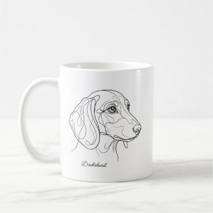 Minimalistische Zeichnung einer Dachshund-Linie mi Kaffeetasse