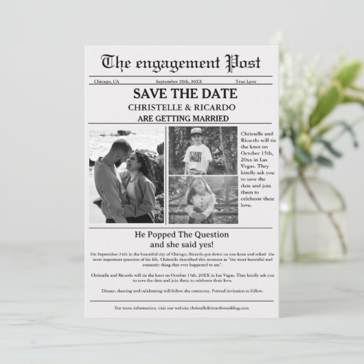 Minimalistische Zeitung Hochzeit speichern das Dat Einladung (Stehend Vorderseite)