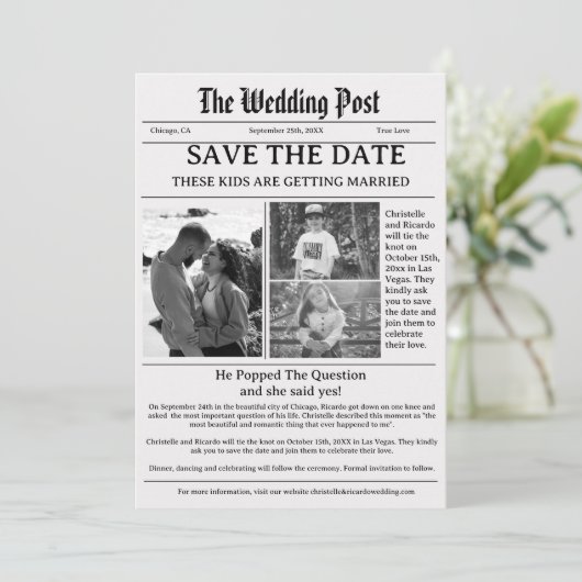 Minimalistische Zeitung Hochzeit speichern das Dat Einladung (Stehend Vorderseite)