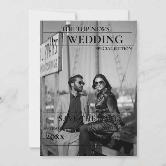Minimalistische Zeitung Hochzeit speichern das Dat Einladung (Vorderseite)