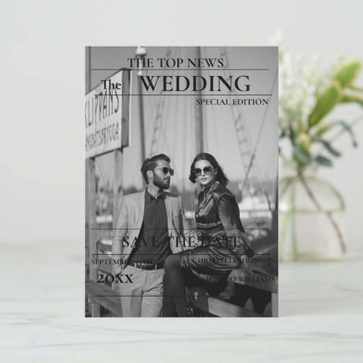 Minimalistische Zeitung Hochzeit speichern das Dat Einladung (Stehend Vorderseite)