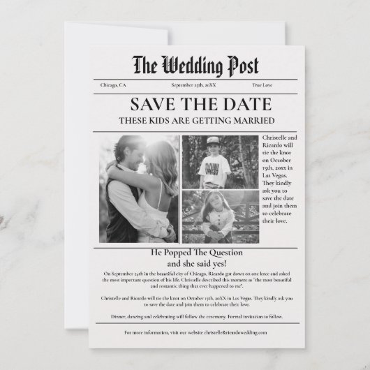 Minimalistische Zeitung Hochzeit speichern das Dat Einladung (Rückseite)