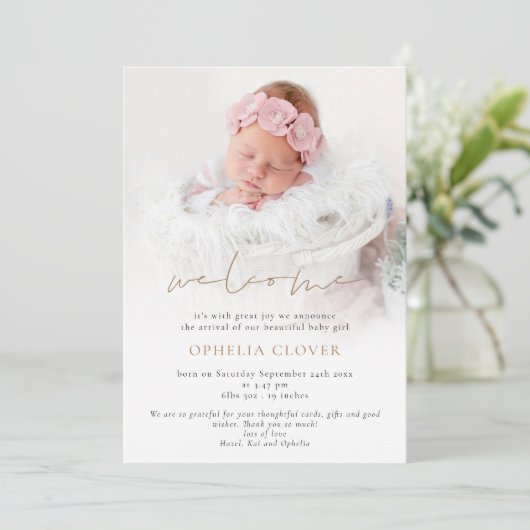 Minimalistischen 2 Fotos Overlay Begrüßung Geburt Ankündigung (Stehend Vorderseite)