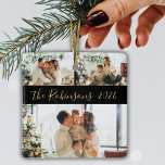 Minimalistischen 3 Familienfoto Collage Weihnachte Keramikornament<br><div class="desc">Modern Simple Elegant Calligraphy Black Gold 3 Family Foto Collage Frohe Weihnachts-Script-Keramik Ornament. Dieses festliche, minimalistische, skurrile Drei-Foto-Urlaubsornament verfügt über eine hübsche Gitter-Foto-Collage und Familienname und Jahr. Der Familienname wird in einem handgeschriebenen Wirblen Schriftart-Skript in Gold auf schwarzem Hintergrund geschrieben. Auf der Rückseite ein Foto mit Familienname. Hübscher Sake für...</div>