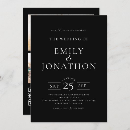 Minimalistischen 3 Fotos QR Code Weiß auf Black We Einladung (Vorne/Hinten)