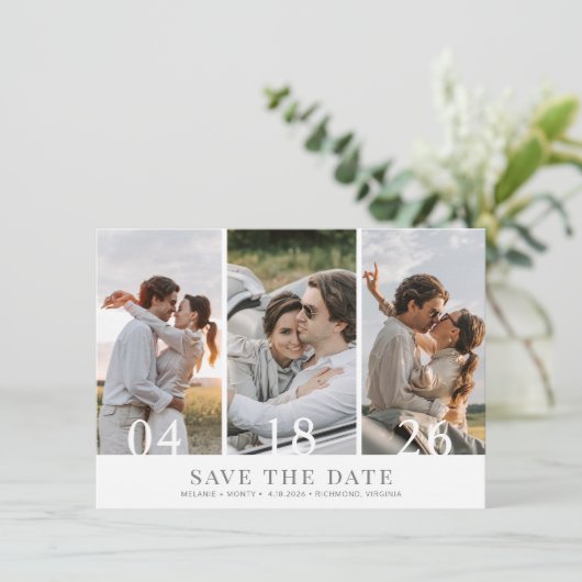 Minimalistischen drei Fotos Hochzeit speichern das Save The Date (Stehend Vorderseite)