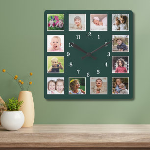 Minimalistischer 12-Familien-Fotocollage Waldgrün Quadratische Wanduhr