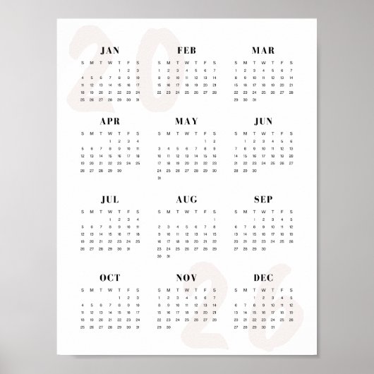 Minimalistischer 2026 Ein-Seiten-Kalender Sauber M Poster (Vorne)