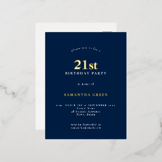 Minimalistischer 21. Geburtstag Party Navy Blue Gl Folie Einladungspostkarte