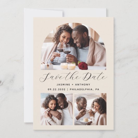 Minimalistischer 3-Foto-Arch-QR-Code-Beige Save The Date (Vorderseite)