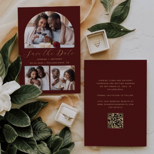 Minimalistischer 3-Foto-Bogen-QR-Code Burgunder Go Save The Date
