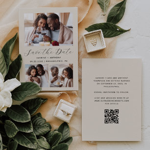 Minimalistischer 3-Foto-Collage-QR-Code Beige Save The Date