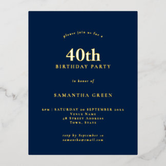 Minimalistischer 40. Geburtstag Party Navy Blue Gl Folie Einladungspostkarte