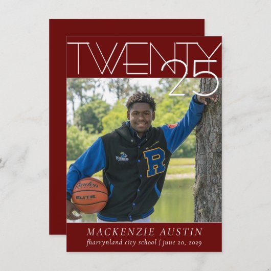 Minimalistischer Abschluss | Dunkelrotes und weiße Einladung (Vorne/Hinten)