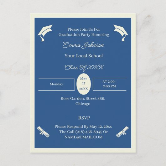 Minimalistischer Abschluss in Beige und Blau Ankündigungspostkarte (Vorderseite)