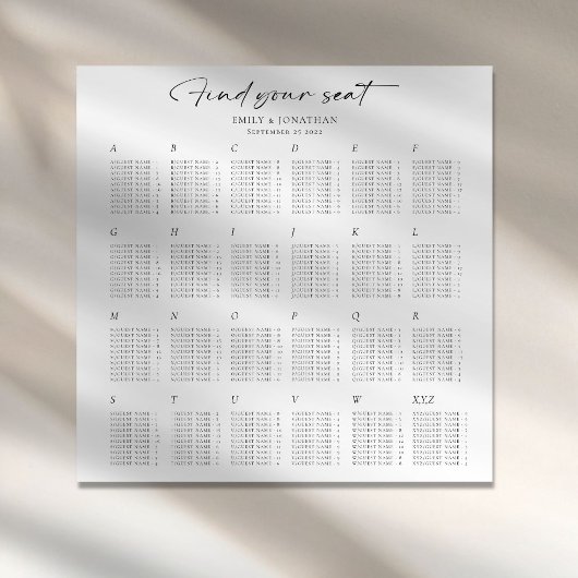 Minimalistischer alphabetischer Hochzeits-Sitzplan Poster