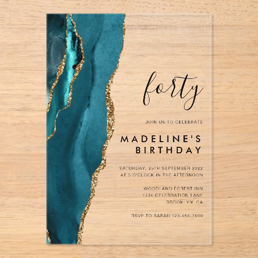 Minimalistischer Aquamariner Goldene Agate Geode 4 Acryleinladungen (Vorderseite)