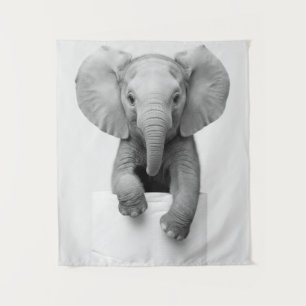 Minimalistischer Baby-Elefant schaut über Toilette Wandteppich