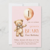 Minimalistischer Bärenrosa Girl Beary 1. Geburtsta Einladung (Vorderseite)